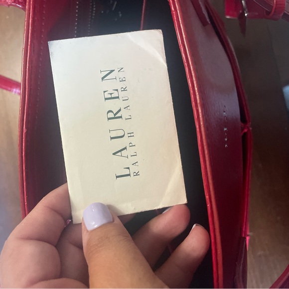 Lauren Ralph Lauren Newbury Tote Saffiano Leather Purse Red Pocketbook - Picture 6 of 9